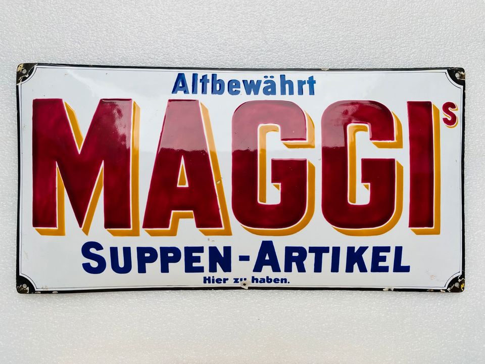 ‼️ EMAILSCHILD Maggi Suppenartikel 70x35cm Emailleschild um 1920 in Schiffweiler
