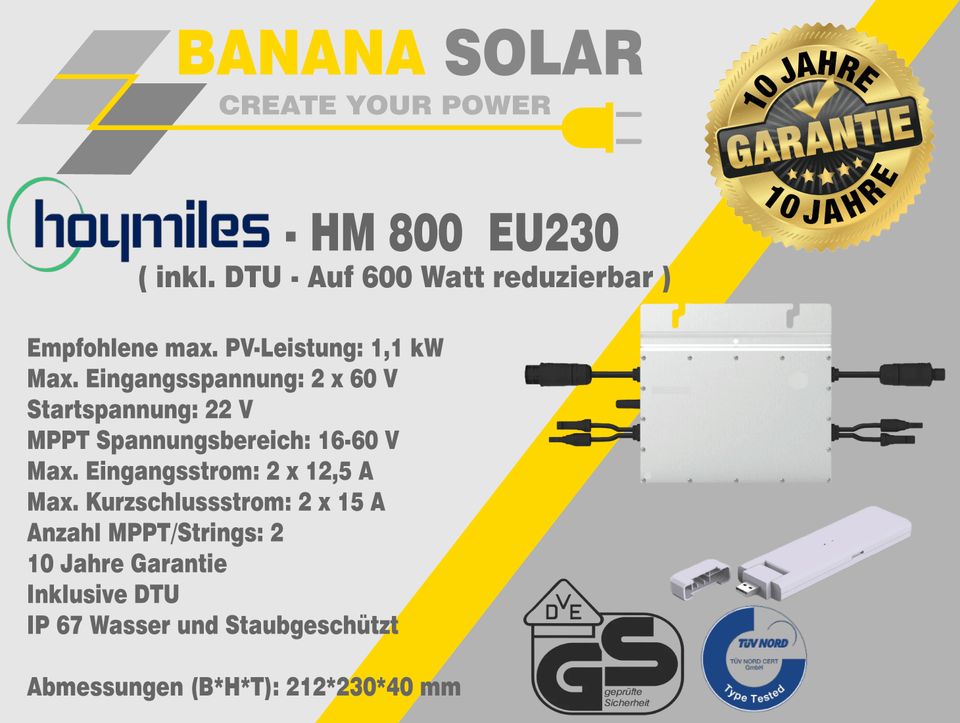 Balkonkraftwerk mit 1.100 Watt/peak und Hoymiles HM800 Wechselrichter mit Zulassung nach VDE4105 und DTU in Grevenbroich