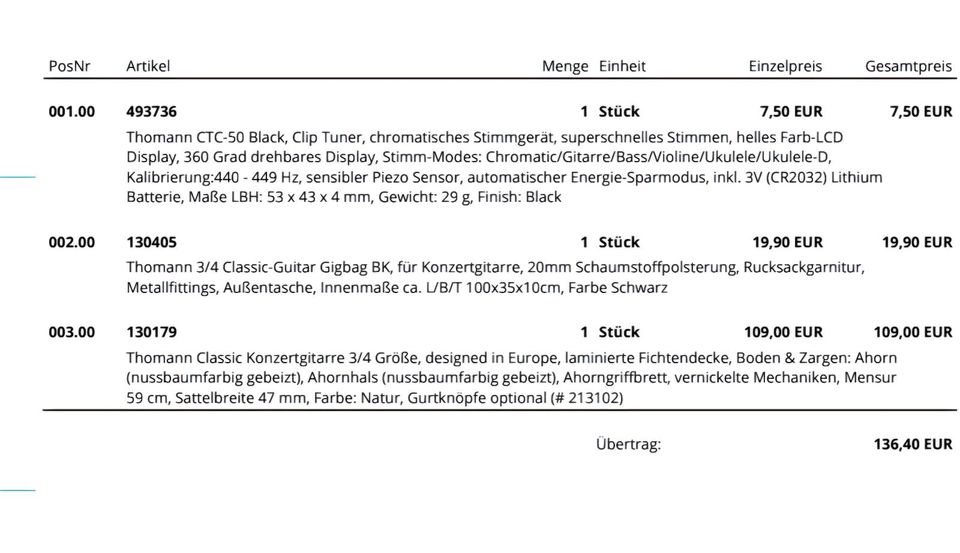 3/4 Gitarre von Thomann, inkl. Tasche und Stimmgerät in Iserlohn