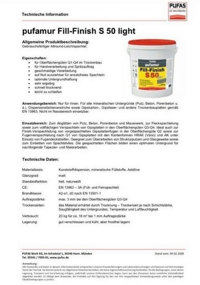 Fill und Finish Light 20Kg Pufas S50 Sheetrock Knauf in Essen