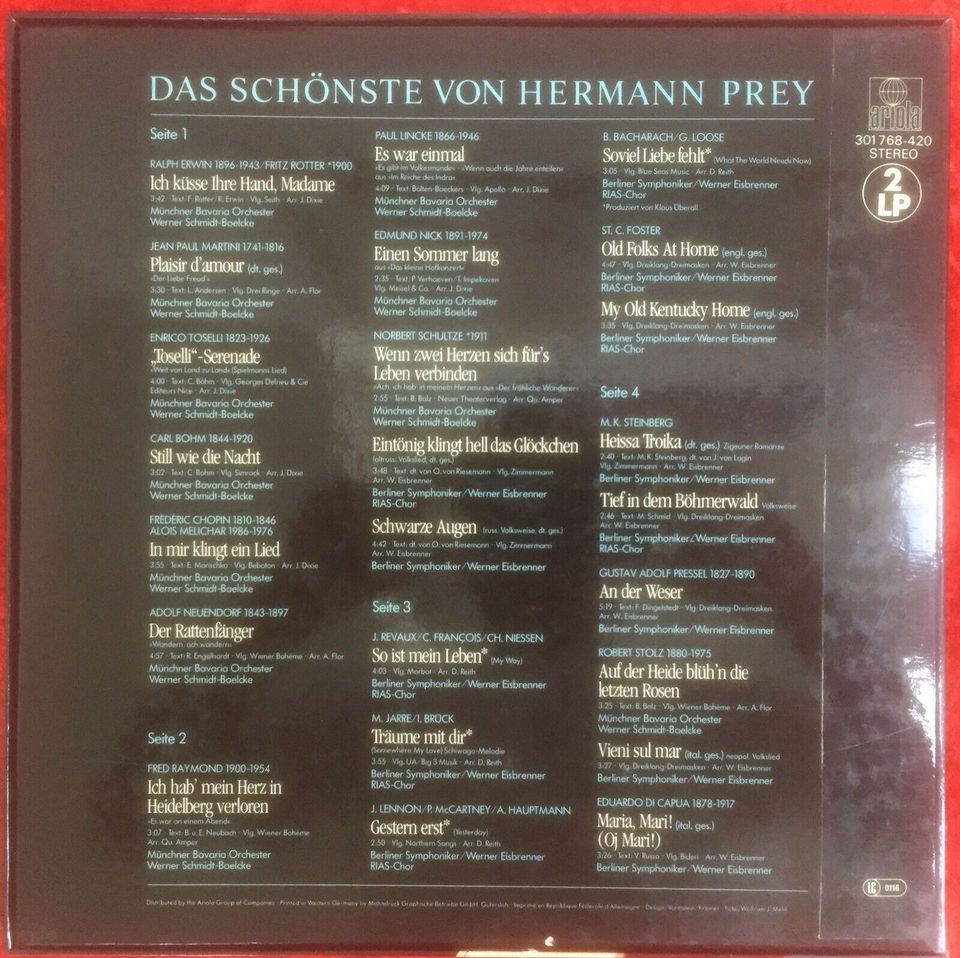 2 LP Schallplatte Vinyl Das Schönste von Hermann Prey in Ludwigshafen
