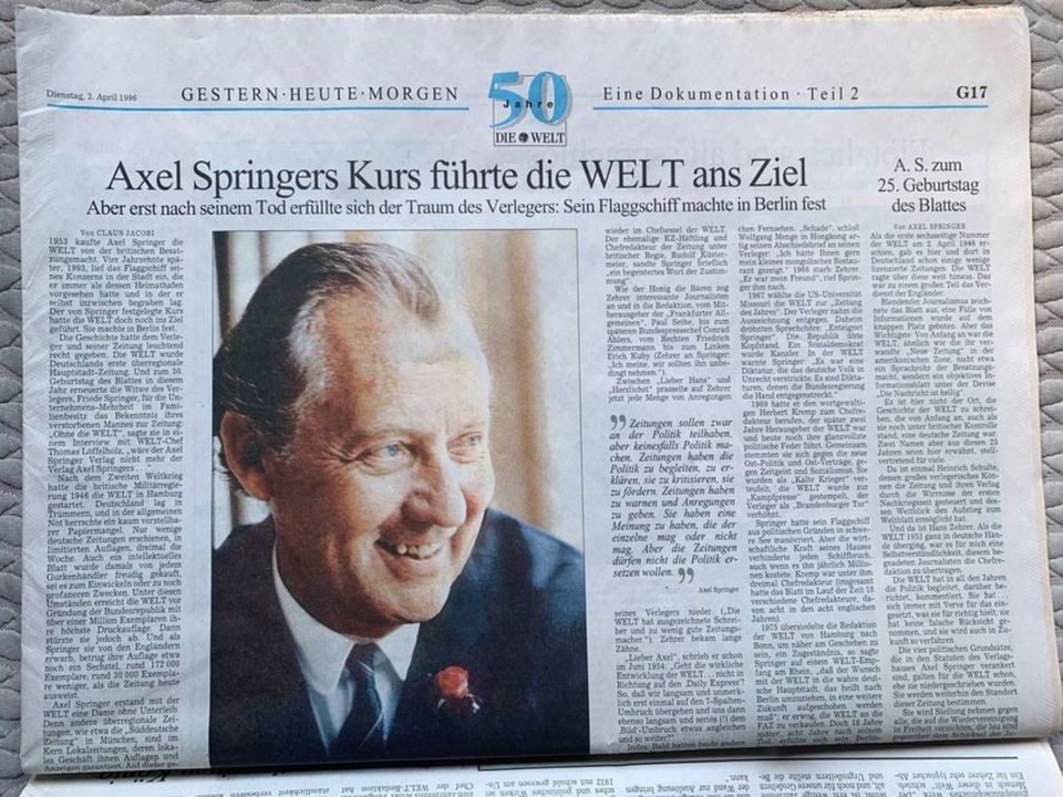 Jubiläum "50 Jahre Die Welt" 02.04.1996 Dokumentation Erstausgabe in Krefeld