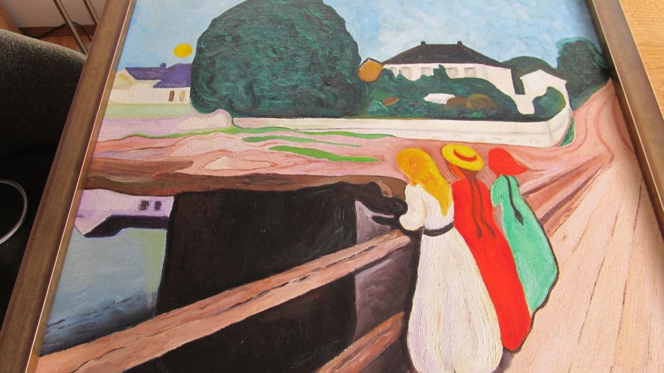Ölbild Landschaft mit drei Frauen auf der Brücke in Regensburg
