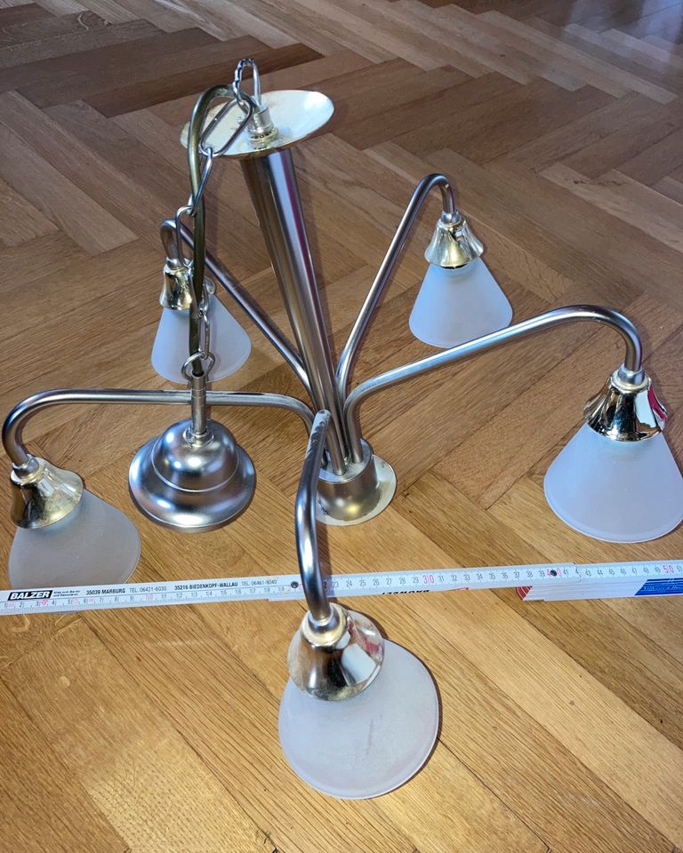 Decken-Hänge-Leuchte-Lampe 5 Arme Milch-Glas weiß in Weimar (Lahn)
