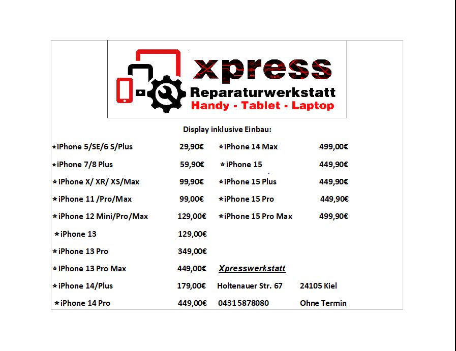 IPhone SE/5/6/7/8//X/XS/XR/11/12/13/14 DISPLAY/GLAS REPARATUR in Kiel