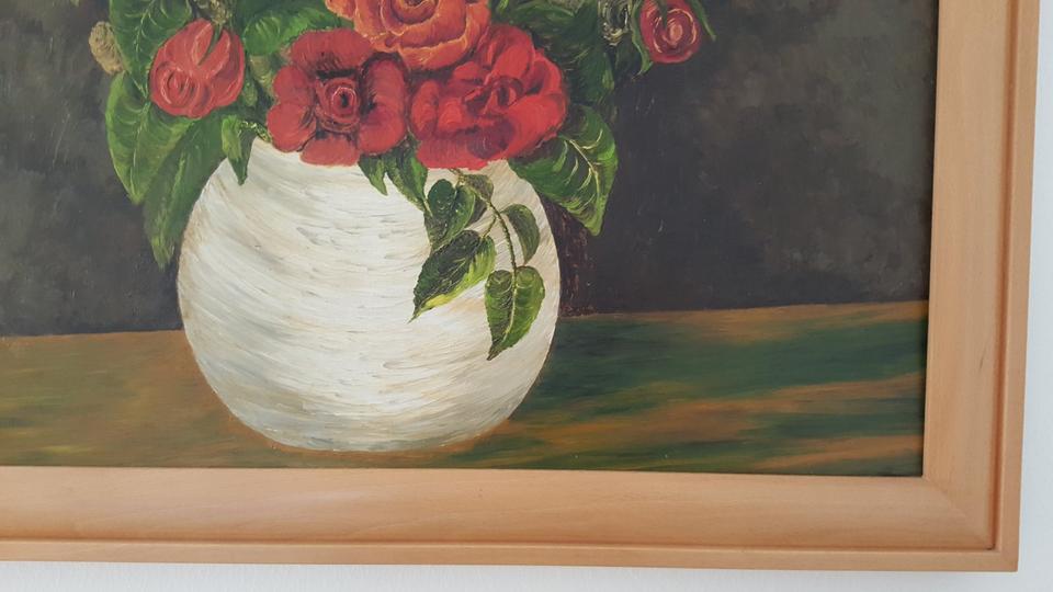 Gemälde Rosen in weißer Vase auf dunklem Hintergrund 68x58 in Kleve