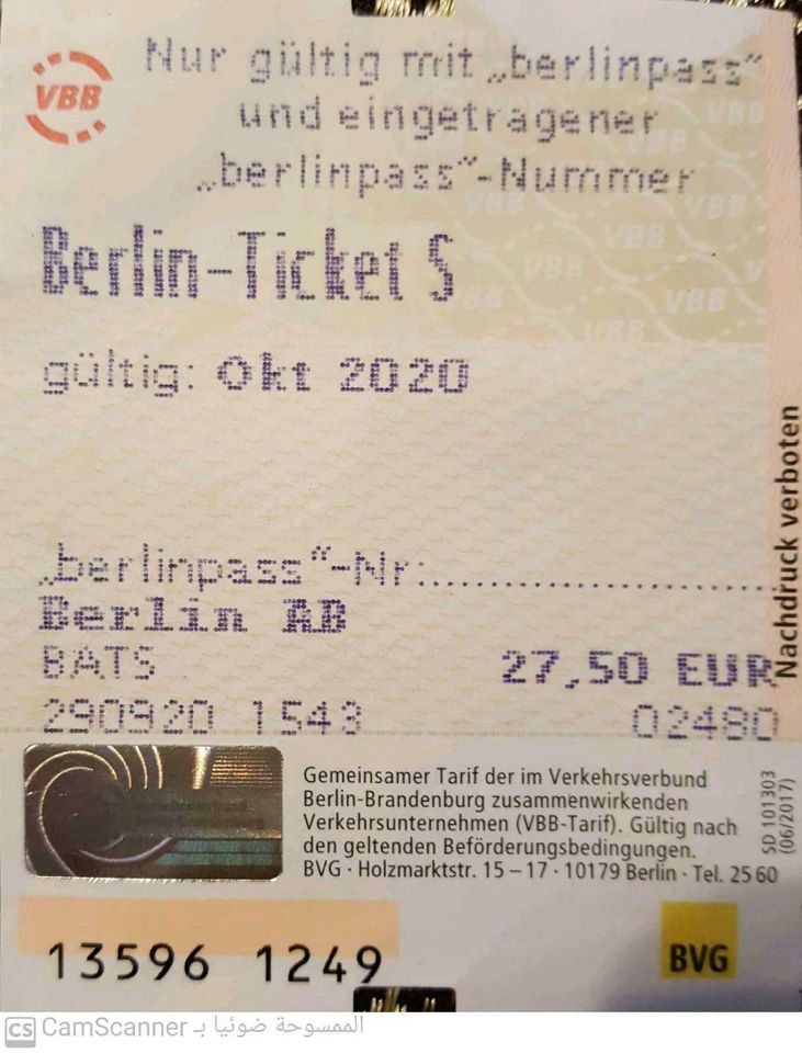 Berlin Ticket-S für Oktober ohne Kundennummer in Berlin