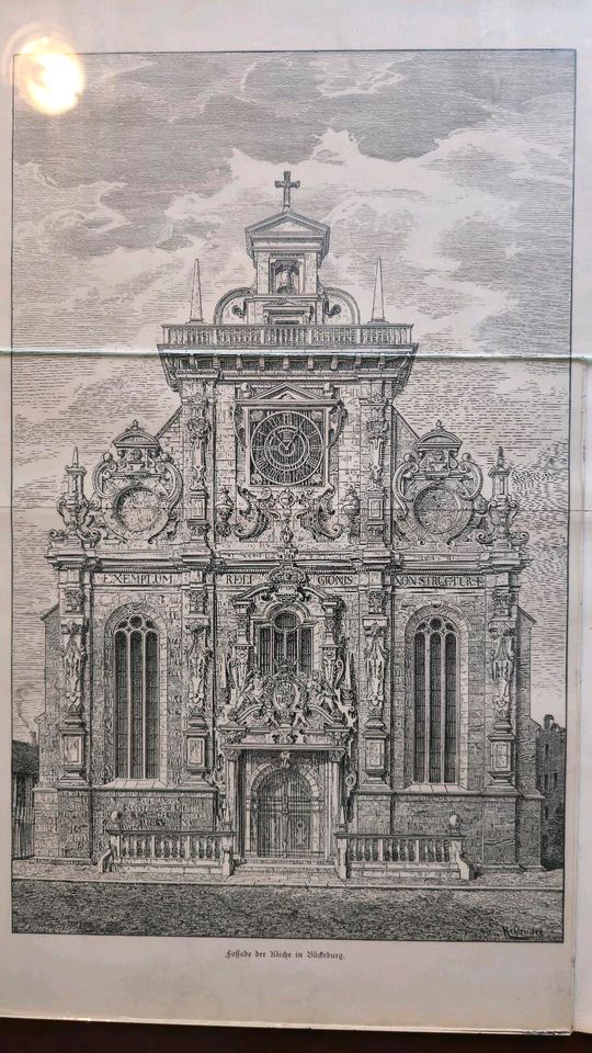 Stahlstich der Fassade der Kirche in Bückeburg aus 1887 in Stadthagen