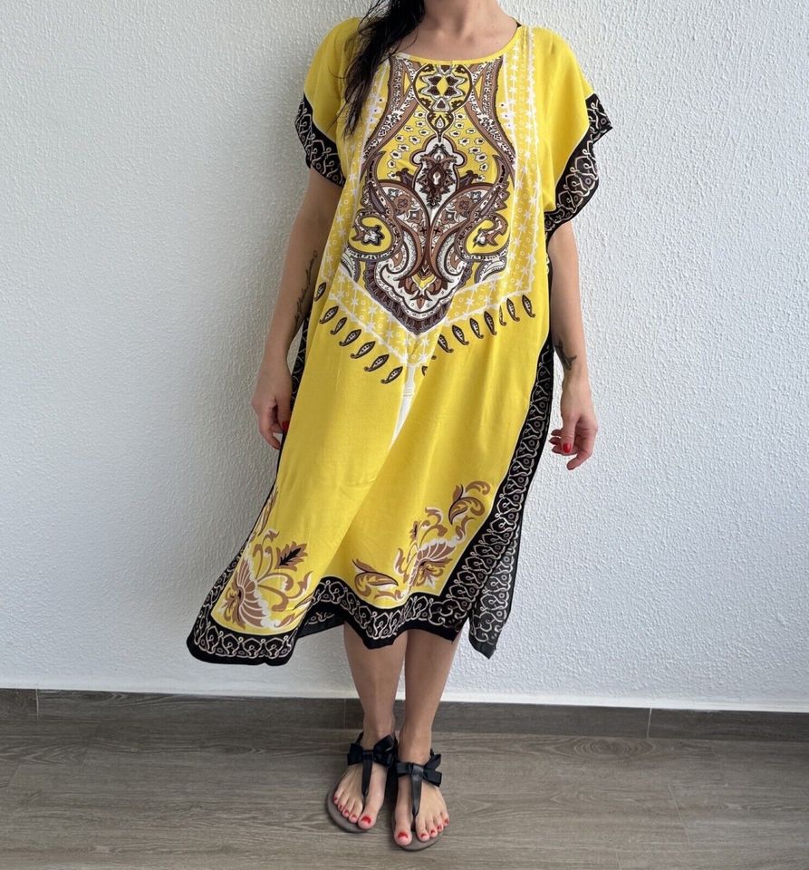 Arabisch Midi Kleid Strandkleid Baumwolle Tunika Sommerkleid Gelb in Essen