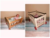 Für Puppenstube: altes Babybett Kinderbett Holz mit Holzrädern Sachsen - Plauen Vorschau