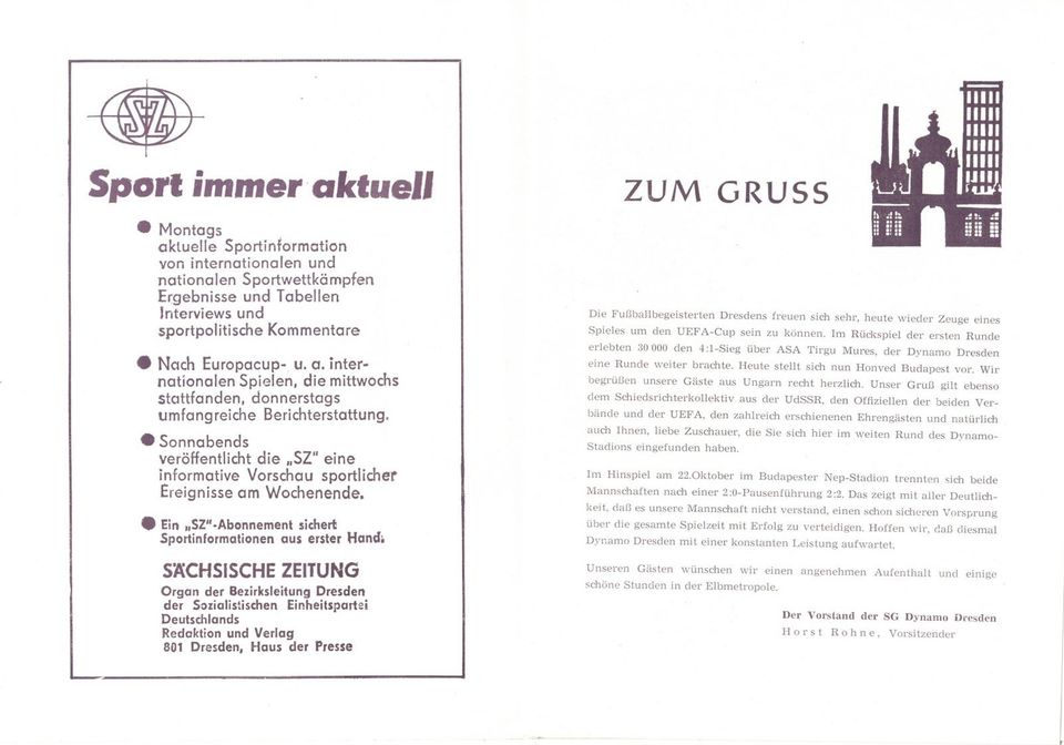 Fußballprogramm UEFA- Cup Honved Budapest - Dynamo Dresden 1975 K in Klipphausen