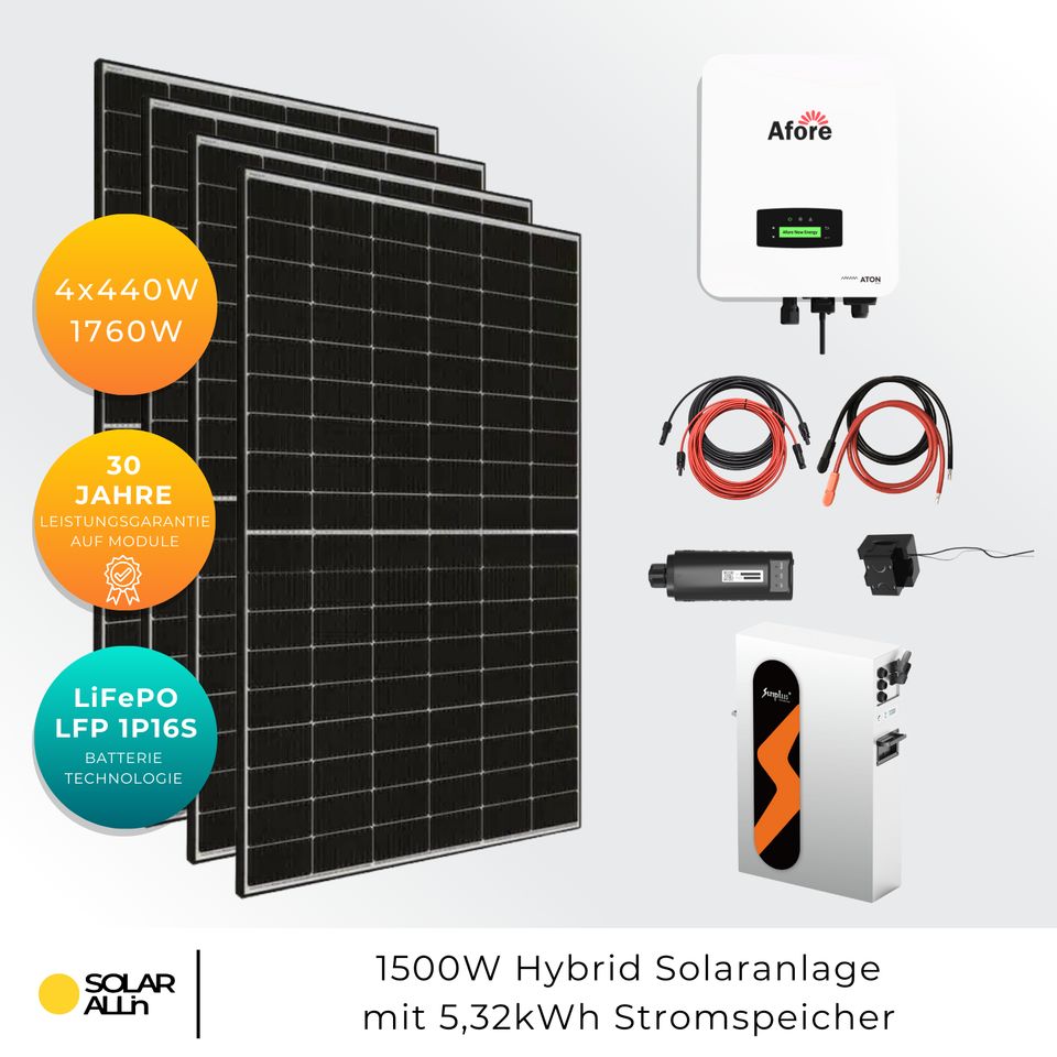 SOLAR ALLin Balkonkraftwerk Mit Speicher 5kWh | 4x JA Solar Bifazial Module 1760Wp | Afore Hybrid Wechselrichter 1500W | App & WiFi in Würselen