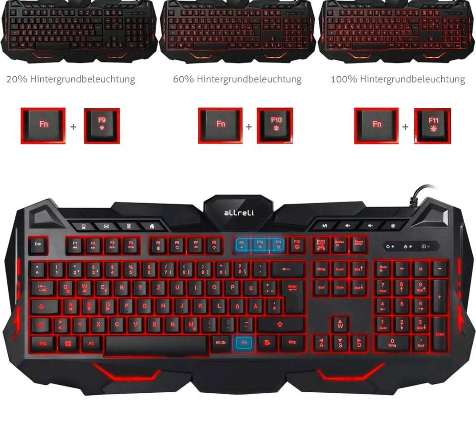 Beleuchtete Tastatur, Deutsche QWERTZ USB-Kabeltastatur,neu in Creußen