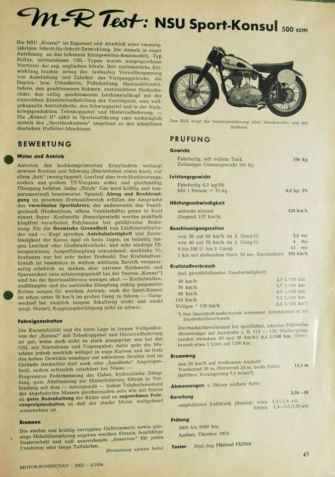 Testberichte Motorräder aus MOTOR-Rundschau, 1949 - 1955 in Düsseldorf