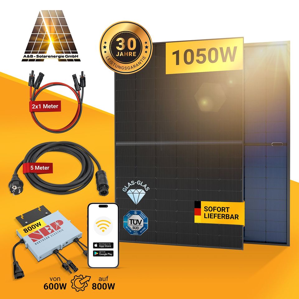 Balkonkraftwerk 1050W / 800W Bifacial Glas Solarmodule + 5m Kabel in Visbek