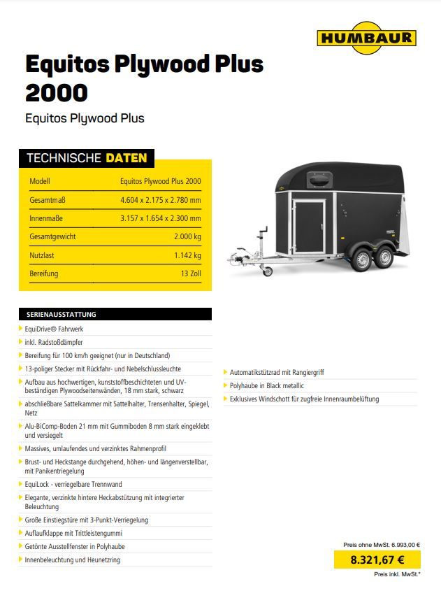 Pferdeanhänger Equitos Plywood Plus 2000 Humbaur Anhänger in Altenholz