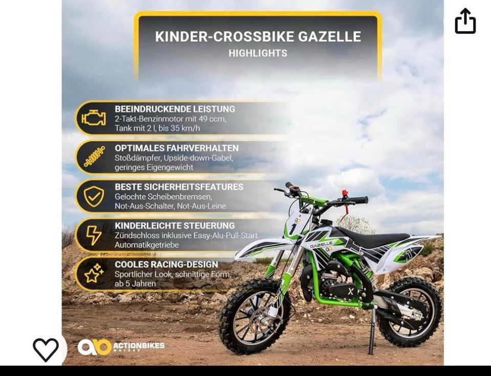 Actionbike „Gazelle“Crossbike Benzinmotor 2Takt 49ccm Kinderbike in Parkstetten