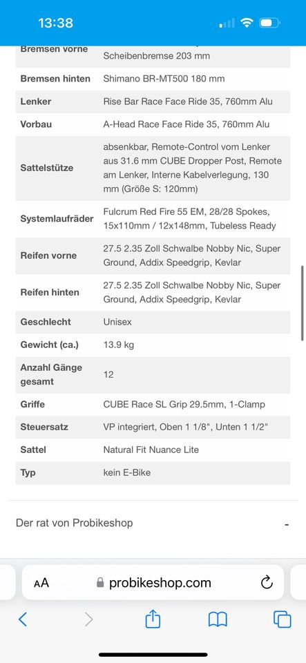 Cube Stereo Race 140 Gr.L aktueller Service erledigt in Knetzgau