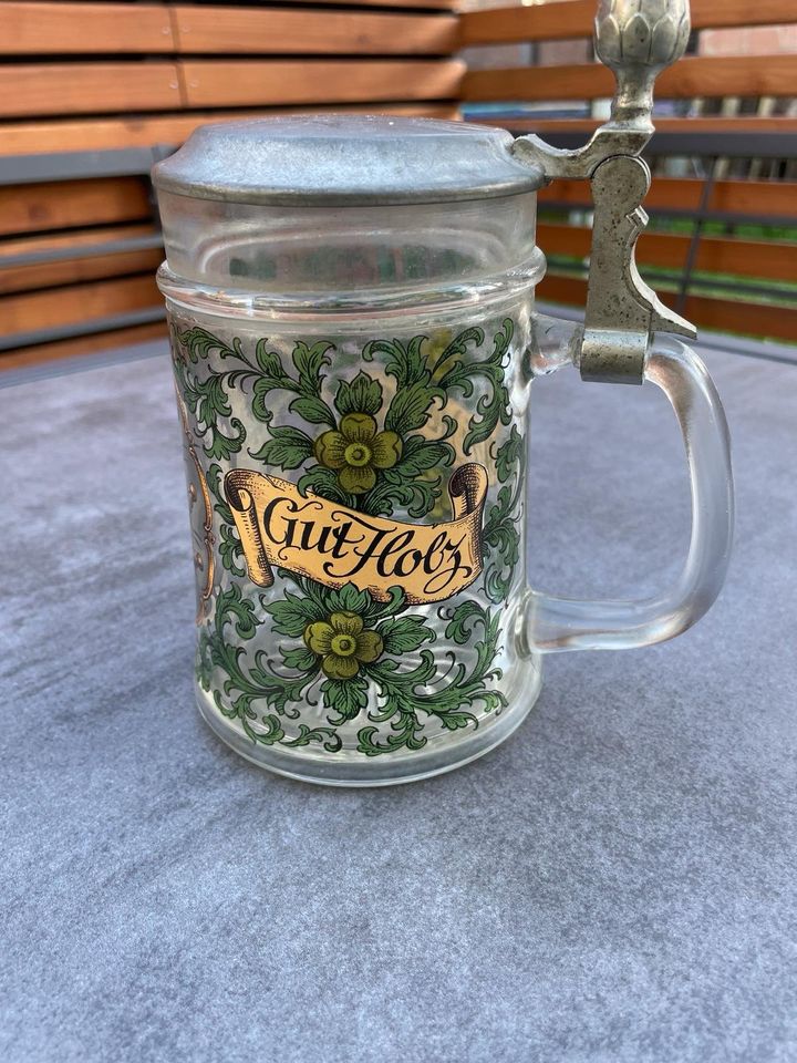 Alter Bierkrug "Alle Neune - gut Holz" aus Glas mit Zinndeckel in Edingen-Neckarhausen