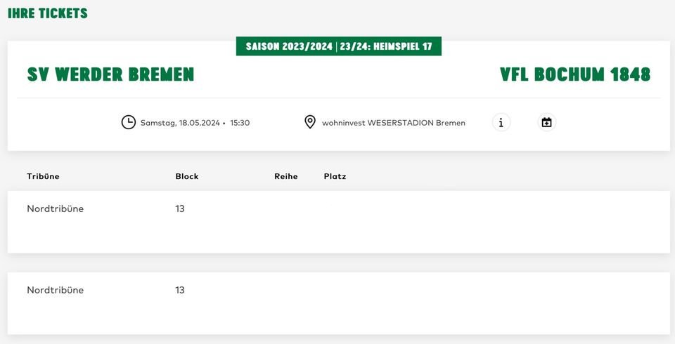 2x Tickets Werder Bremen gegen Bochum in Oldenburg