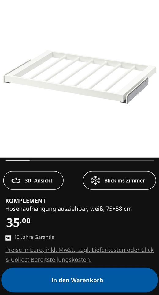 IKEA KOMPLEMENT Hosenaufhängung ausziehbar, weiß, 75x58 cm in Diepholz