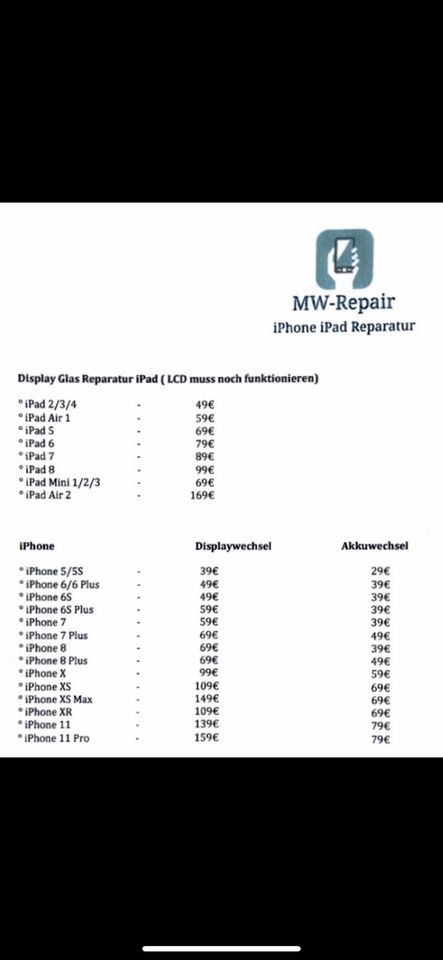 iPad 5/6/7/8/9/Air Display Glas Reparatur kostenloser Rückversand in Güglingen