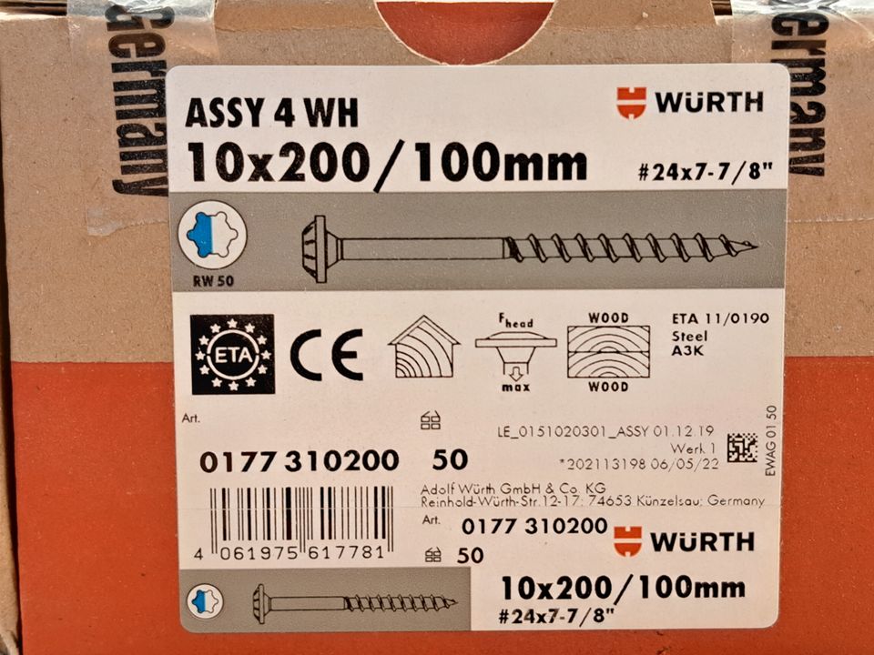 Original Würth Assy 4 WH 10x200mm Tellerkopfschrauben OVP in Herzogenrath