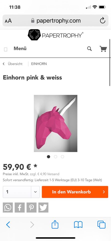 Deko Papershape Papercraft Einhorn pink in München