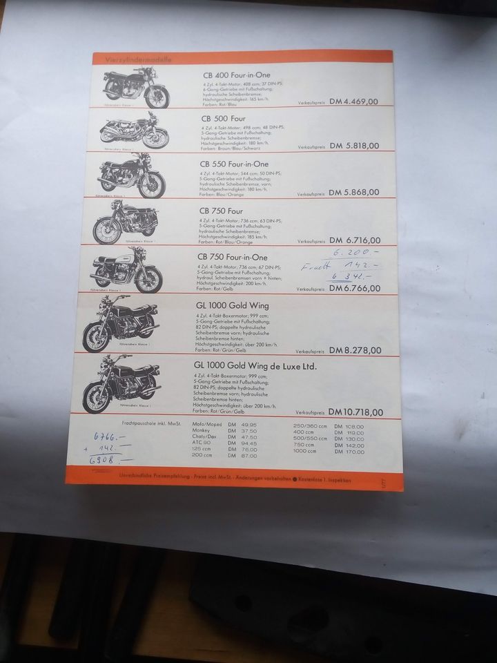 HONDA Motorrad-Preisliste von 1977 in Garmisch-Partenkirchen