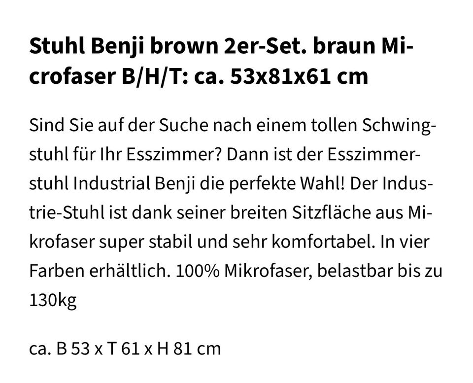 Stuhl Benji Brown 2 er Set neu in Tiefenort