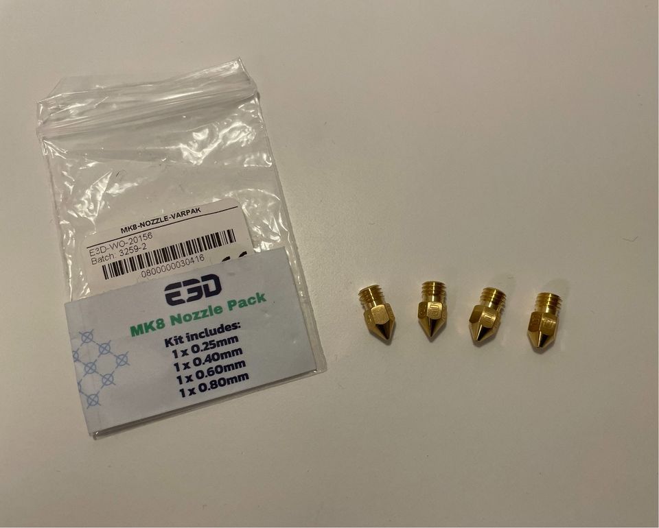 E3D MK8 Messing Düsen Pack 0.25mm, 0.40mm, 0.60mm, 0.80mm in