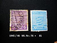 2 Briefmarken, Sowjet Zone, Provinz Sachsen, Sachsen Pfennig 6 + Hessen - Pfungstadt Vorschau