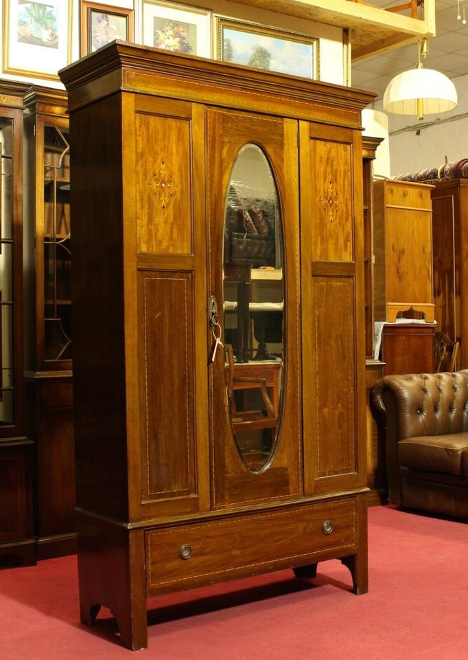 Englische Möbel Antik Dielenschrank Mahagoni Intarsien Spiegel in