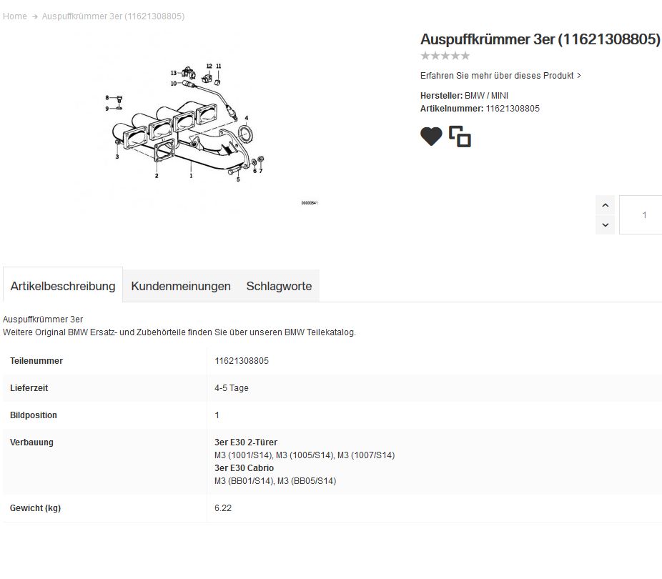 BMW Abgaskrümmer E30 M3 S14 Motor Orig. Teil 11621308805 in Düsseldorf