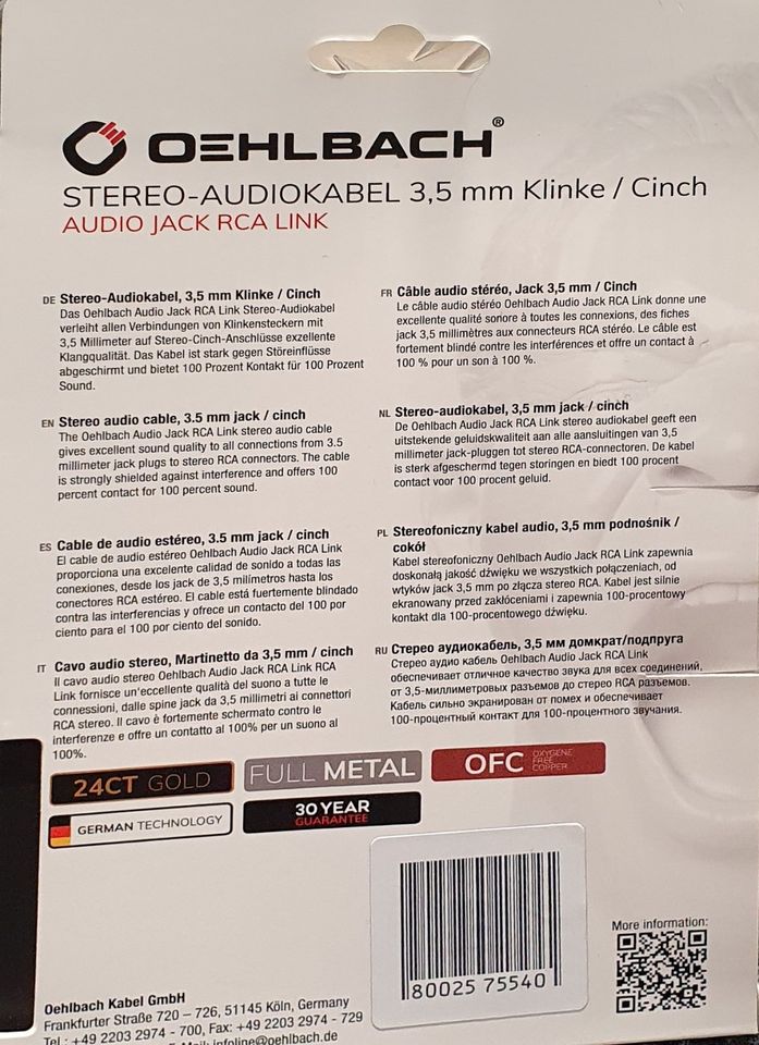 OEHLBACH Stereo-Audiokabel 3,5 mm Klinke / Cinch 2.0m in Papenburg