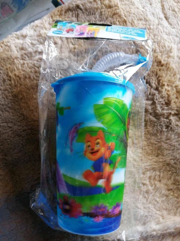 Trink Becher mit Trinkhalm 3D Neu OVP Folie Kind Blau Teddy in Langenfeld