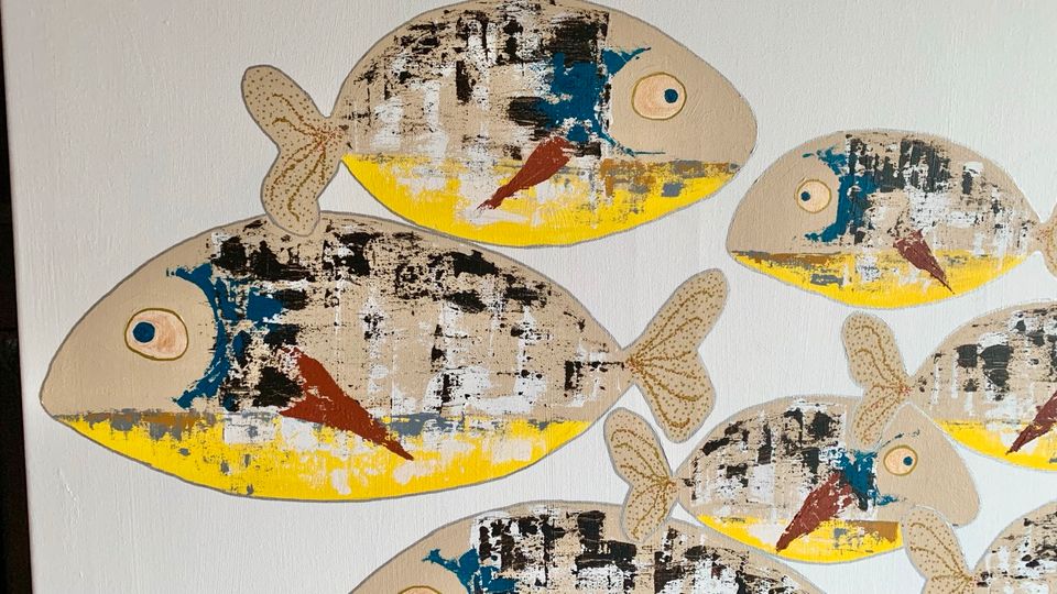 Bild Leinwand Groß Fisch Fischschwarm Abstrakt Acryl Unikat in Meddewade