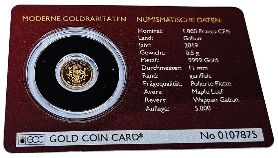 Gabun 0,5 gr Goldmünze 40 Jahre Maple Leaf 2019 in Bruchköbel