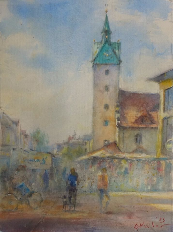 Aquarell auf Papier. Am Markt FW.27x37cm. in Fürstenwalde (Spree)