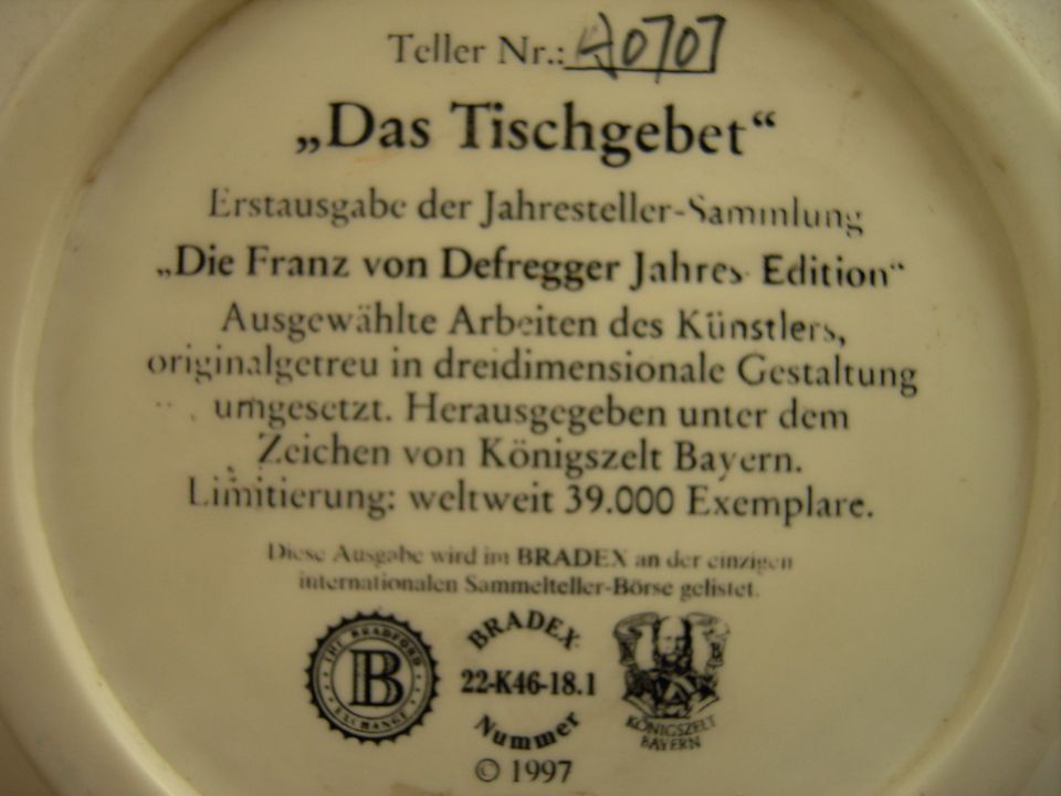 Bradex Relef Sammelteller ,,Das Tischgebet,, s.fotos in Neuhaus-Schierschnitz