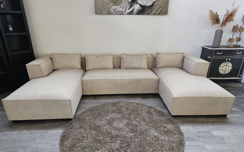 Wohnlandschaft Couch creme Samtoptik Sofa Polstersofa Polstergarn in Bielefeld