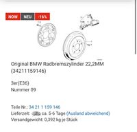 Radbremszylinder BMW E36 Compact Metzger OE-Ref.34211159146 Rheinland-Pfalz - Kordel Vorschau