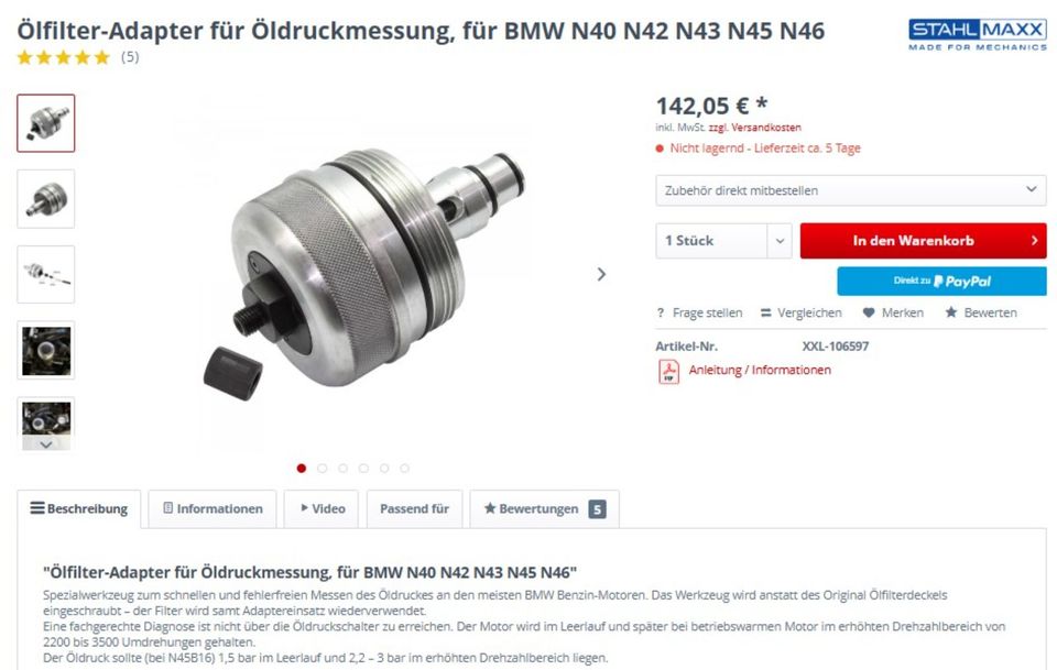 BMW E46 E90 Ölfilter-Adapter Motor Öldruck N40 N42 N43 N45 N46 in Groß-Umstadt