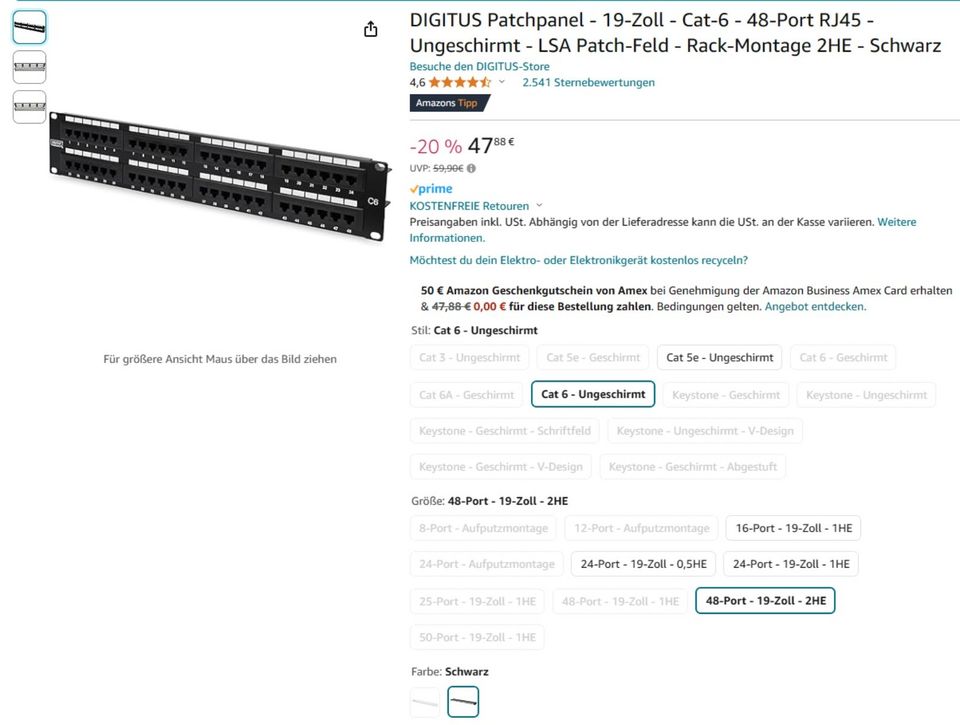 Digitus Patchpanel 19 Zoll Cat 7 48-Port Ungeschirmt schwarz LSA in Linsengericht