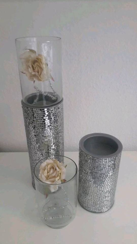 7-teiliges Deko-Silbertablett, Vase, Bodenwindlichter in Bietigheim-Bissingen