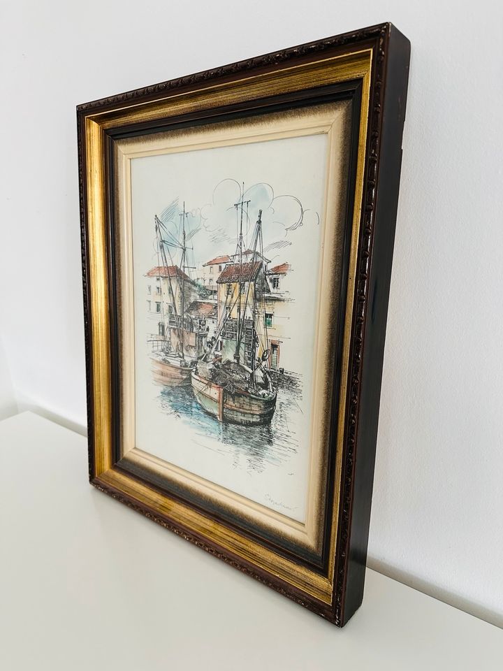 Original Gemälde „Schiffe im Hafen“ (51 x 41cm) in Rüdesheim