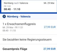 1 Flugticket Ryanair NUE-VLC am 29.05.24 Bayern - Regensburg Vorschau