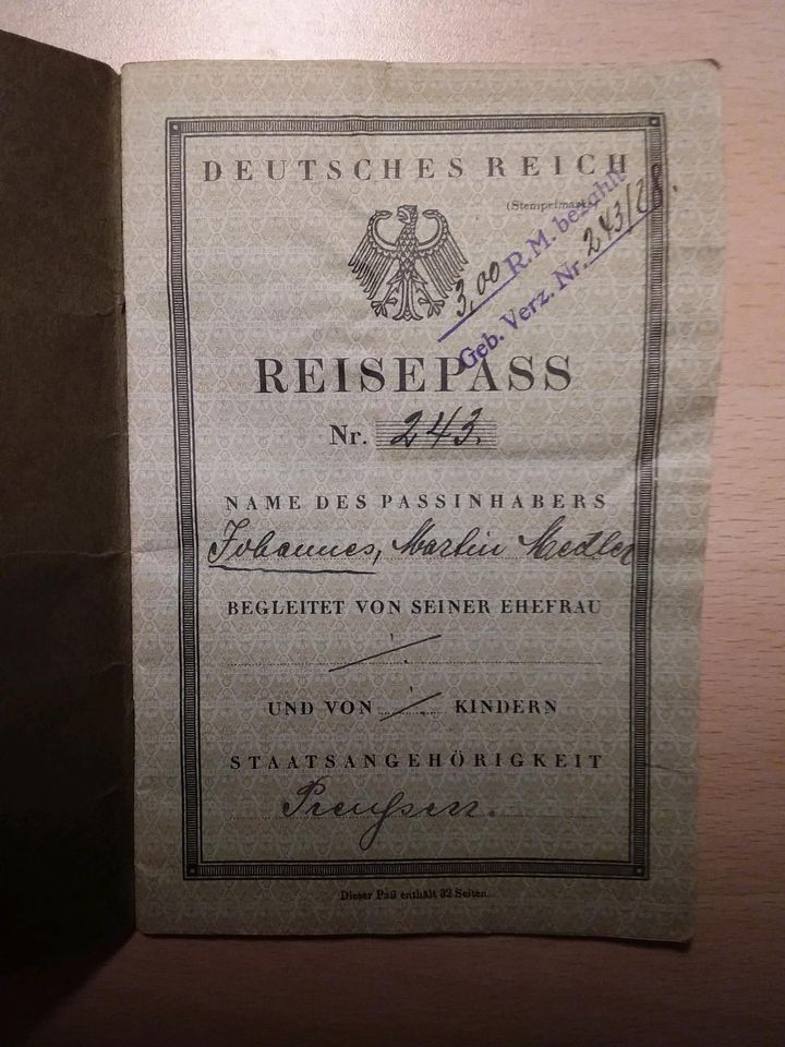 Reisepass von 1928 in Hosenfeld