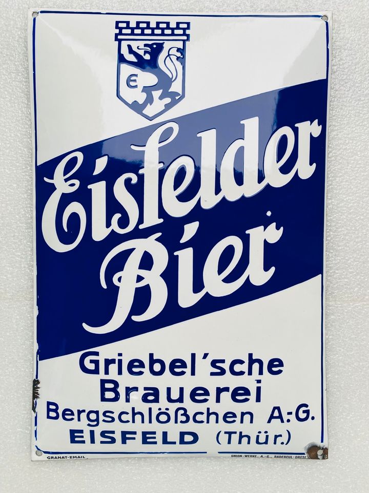 ‼️ EMAILSCHILD Eisfelder Bier Emailleschild um 1930 in Schiffweiler