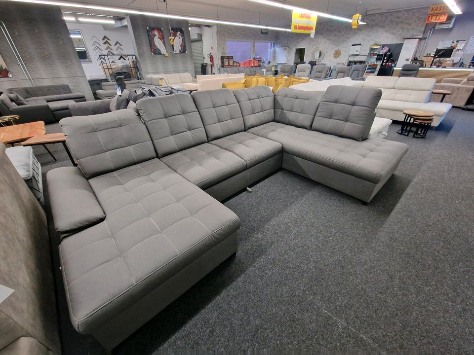 Sofa Couch Multifunktionssofa XXL-Wohnlandschaft U-Form grau mit Schlaffunktion und Bettkasten verstellbarer Sitztiefe in Osnabrück